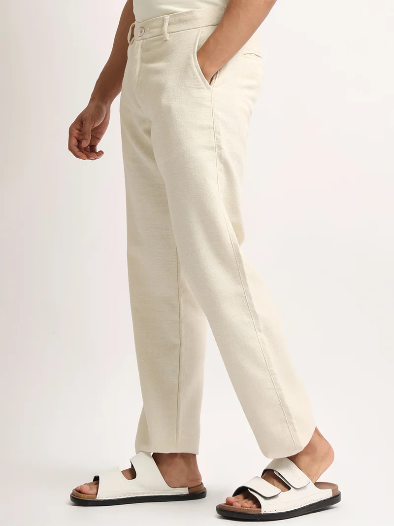 مانياك Maniac Mens Solid Beige Turkish Linen Cotton Blend Trouser